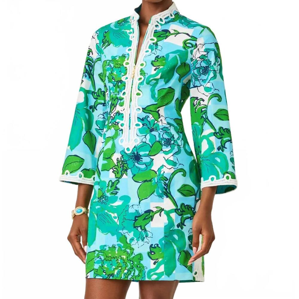 NEW LILLY PULITZER shealyn 3/4 sleeve stretch cotton dress in capri blue roussea
